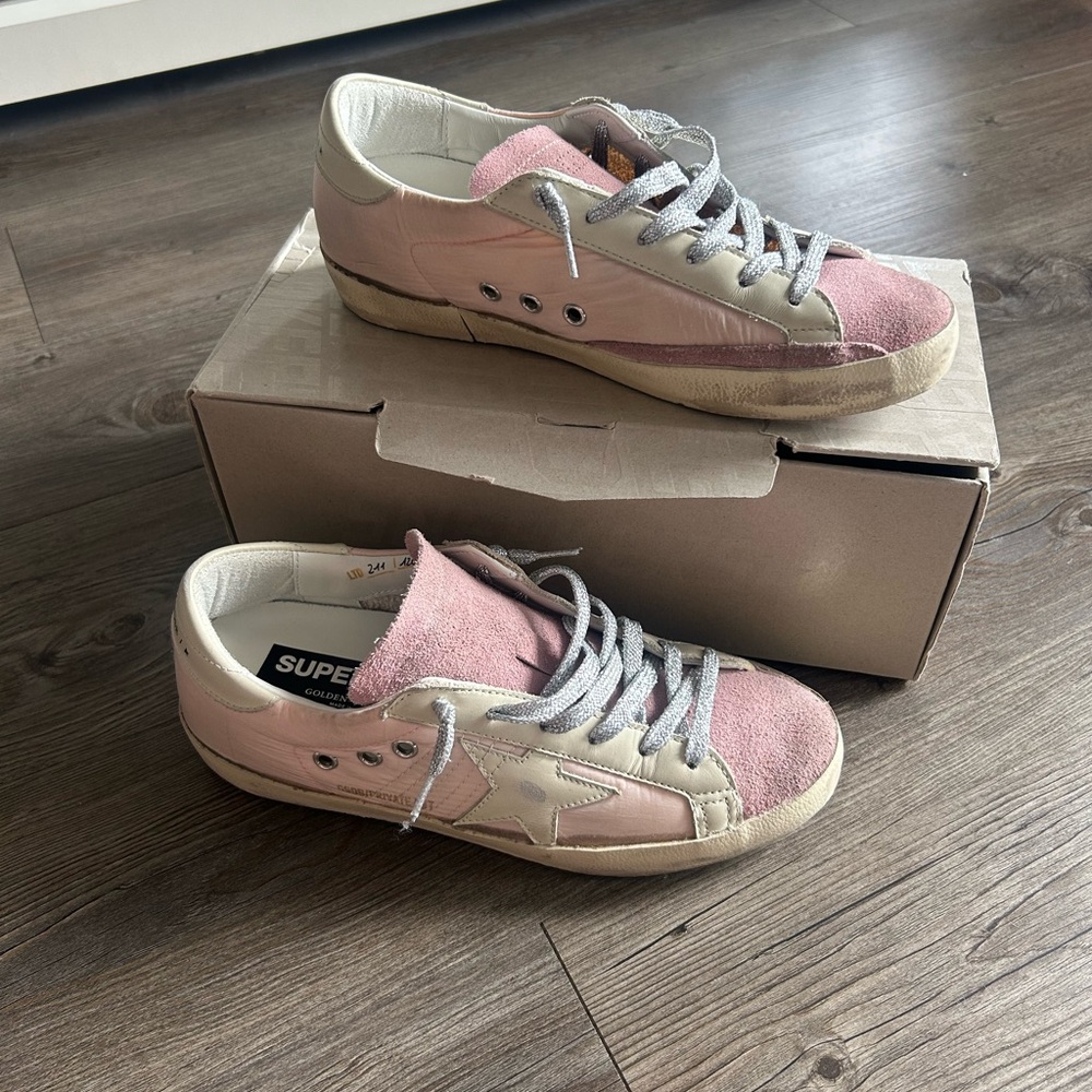 Golden Goose Superstar Sneakers — suede pink, nylon, glitter laces